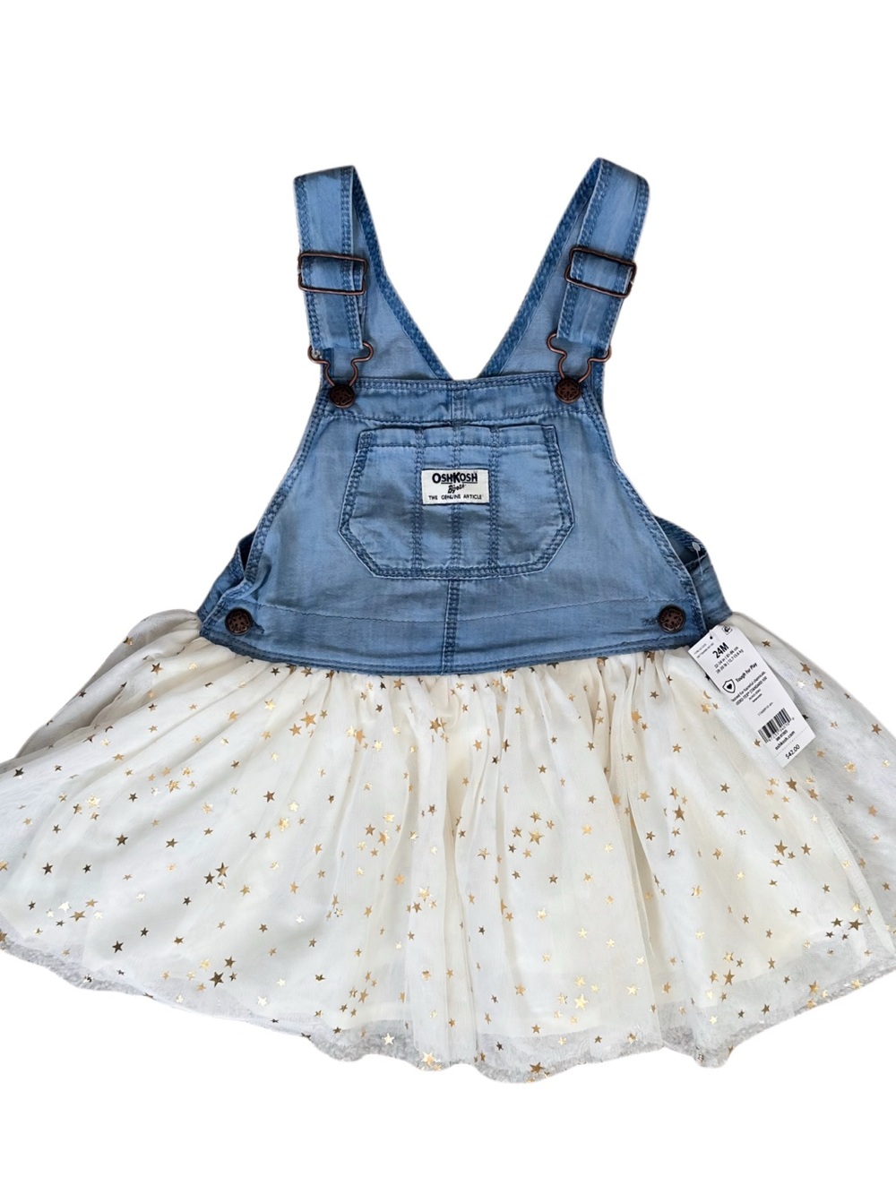 OshKosh B'gosh Light Blue Denim Bib with Cream Tulle Skirt and Gold Stars